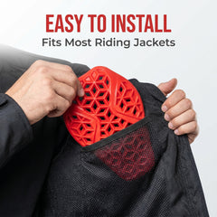 Red armor insert fitted into a motorcycle jacket pocket
