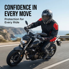 Motorcycle rider wearing jacket with shoulder and elbow armor