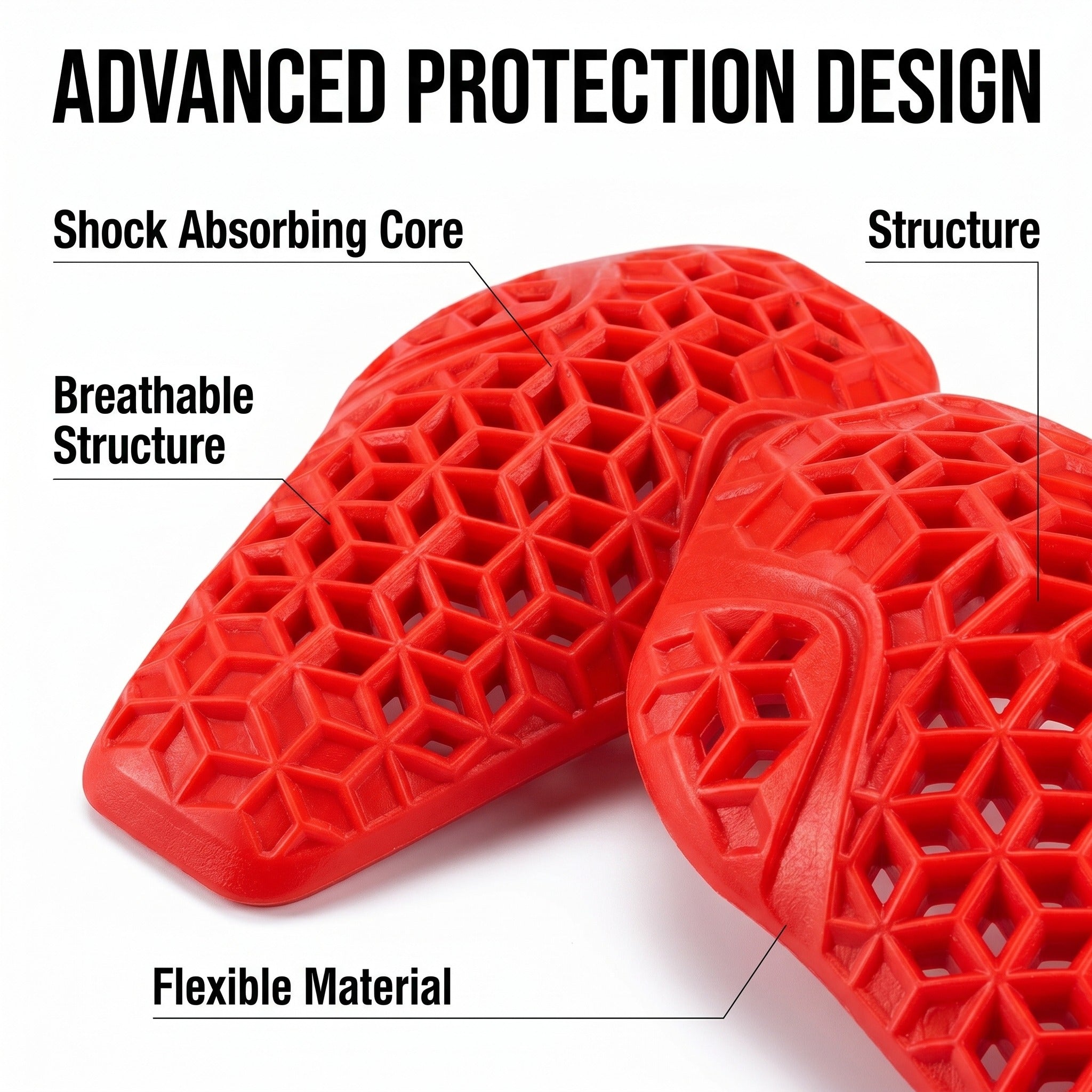Ventilated flexible red motorcycle armor pads close-up