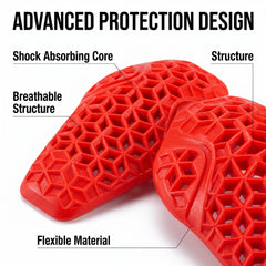 Ventilated flexible red motorcycle armor pads close-up