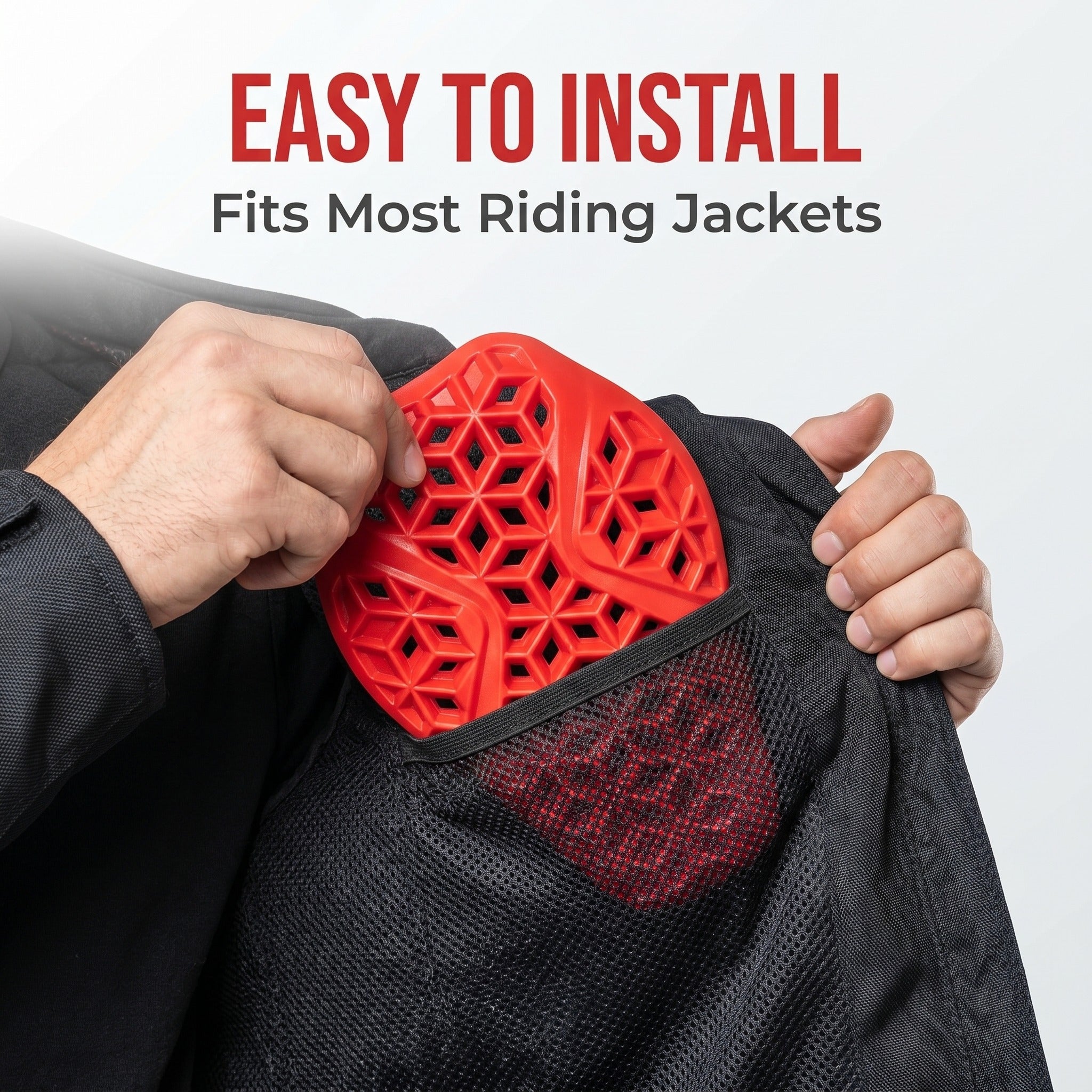 Red armor insert fitted into a motorcycle jacket pocket