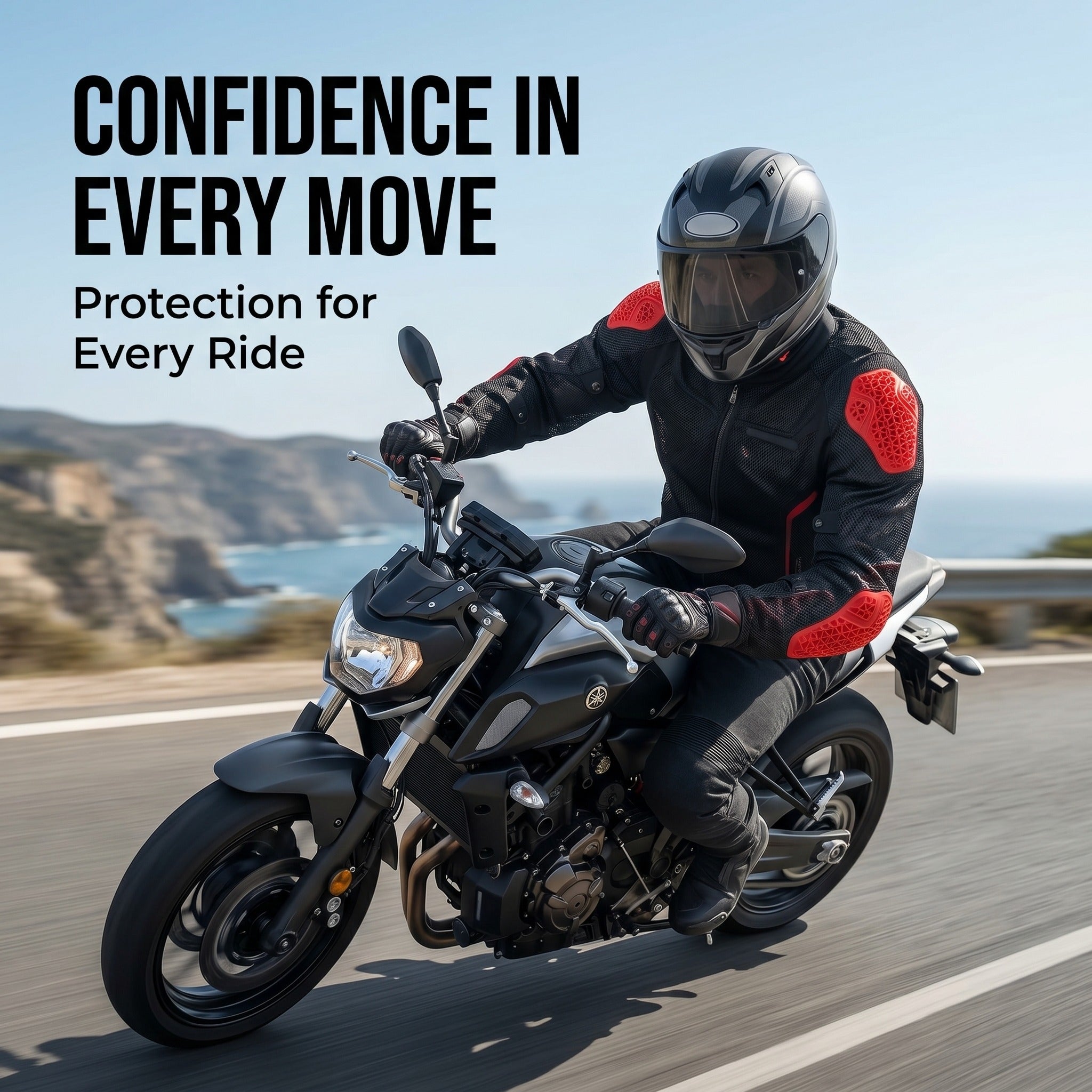 Motorcycle rider wearing jacket with shoulder and elbow armor