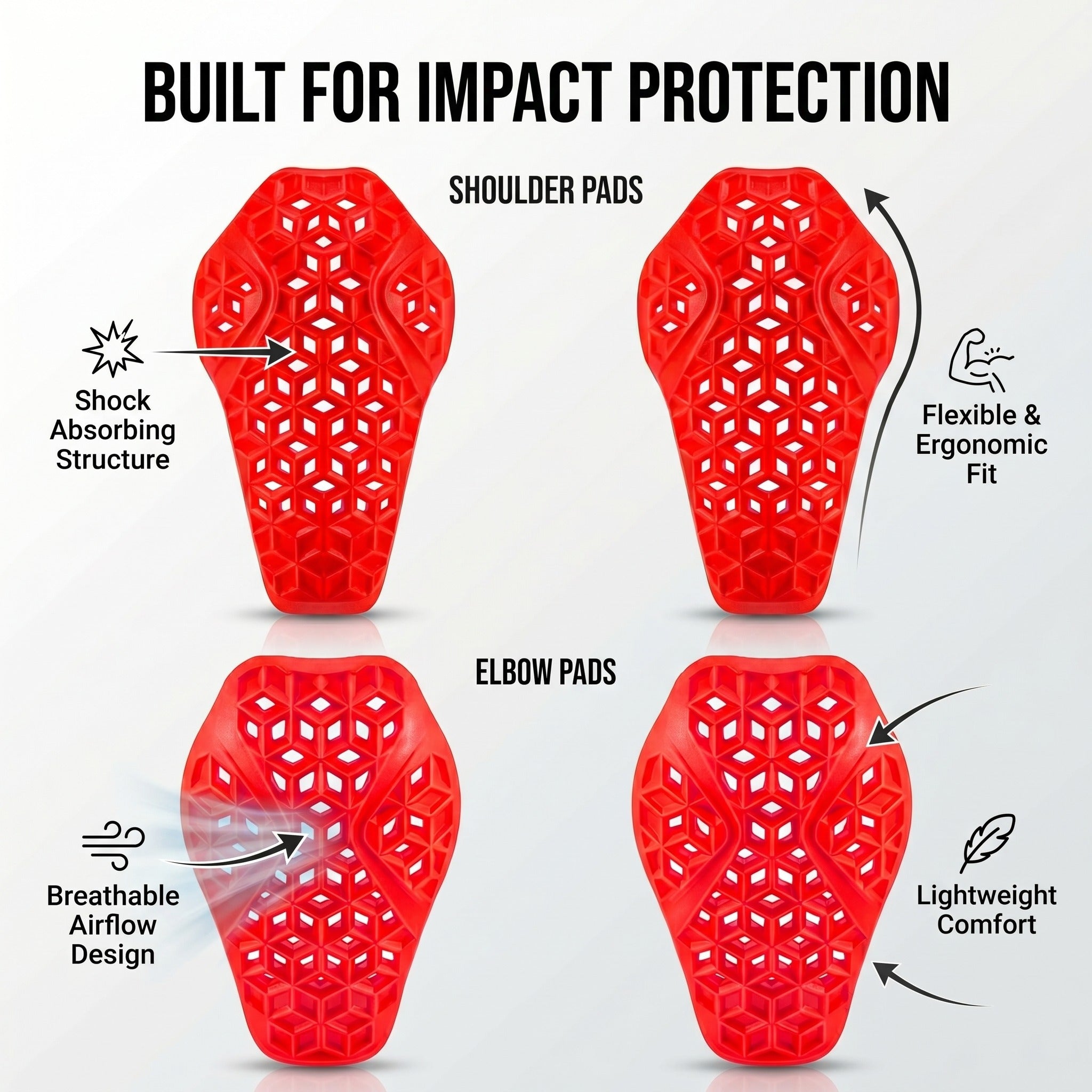 Four red shoulder and elbow armor inserts with ventilated design