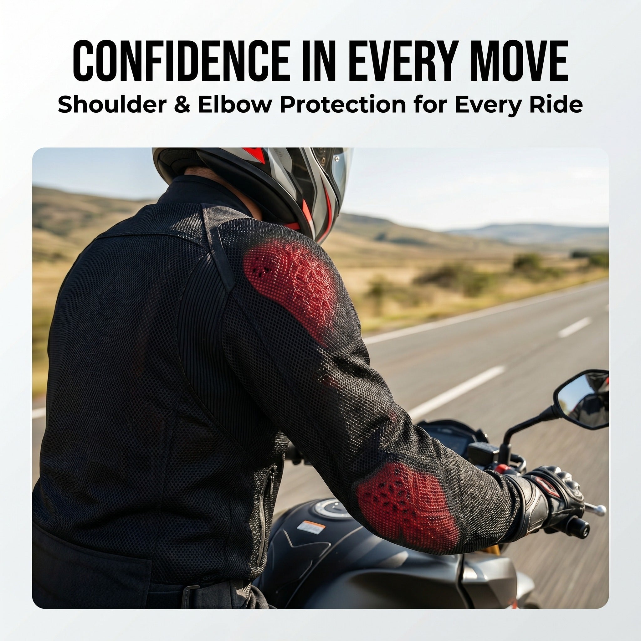Motorcycle rider with red shoulder and elbow armor illustration