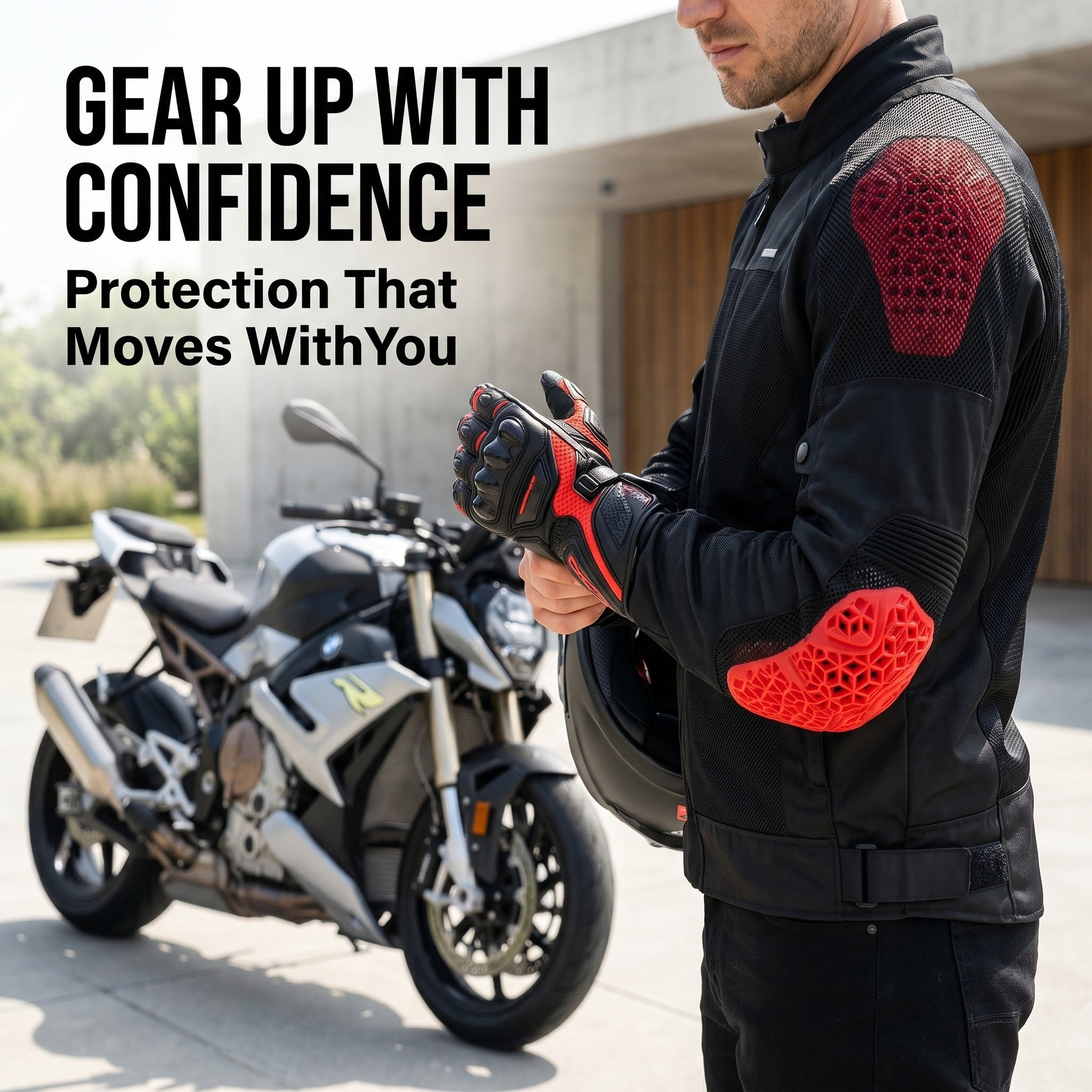 Red shoulder and elbow armor inserts shown with riding jacket