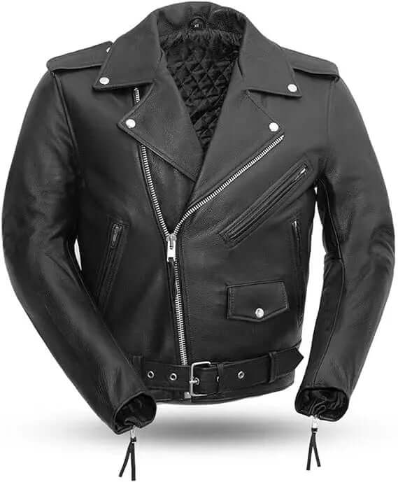 Black cowhide motorcycle jacket for men with asymmetrical zipper and snap-down lapels